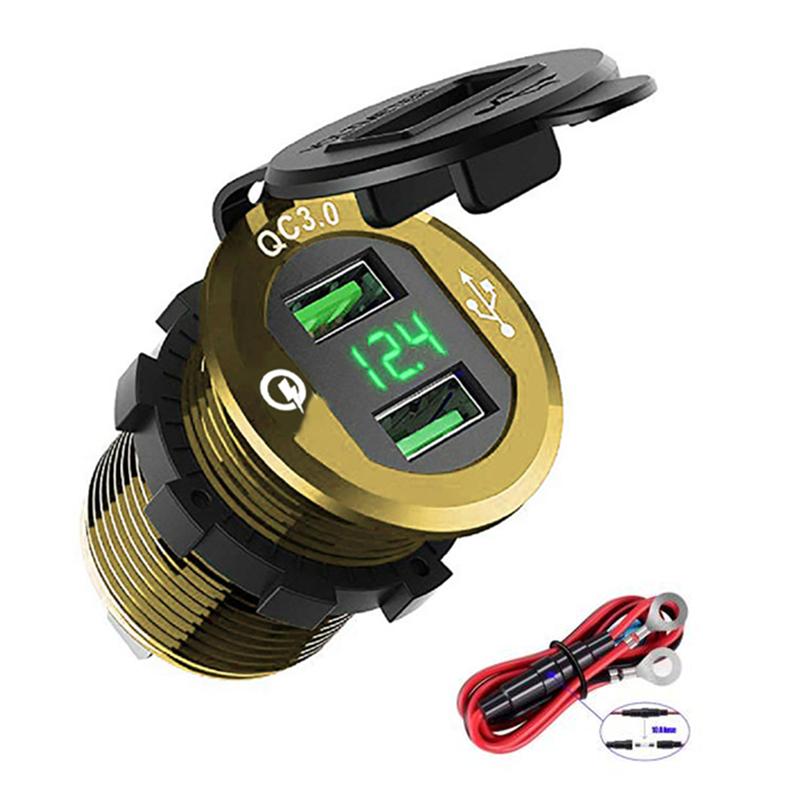 

Быстрая зарядка USB QC3.0 автомобильное зарядное устройство алюминиевая розетка зарядное устройство с цифровым дисплеем напряжения для 12 В/24 В автомобиля мотоцикла золотой