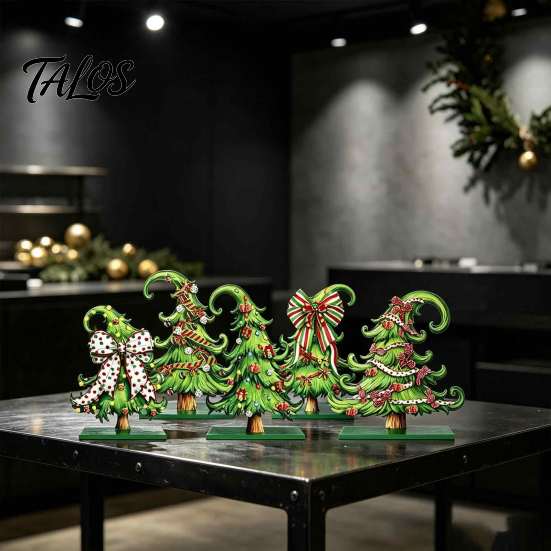Christmas Table Centerpieces 5 Pcs Wooden Tabletop Tree Signs, Rustic Standing Green Desktop Decor Ornament with Curly Topper for Winter Holiday