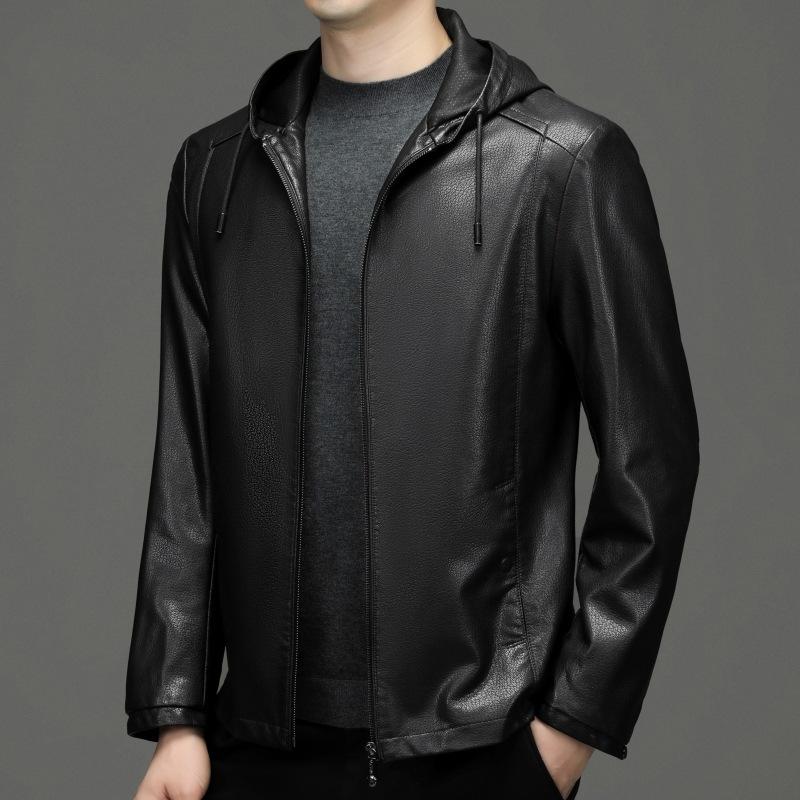 Leather Jacket Men's Handsome Hooded Casual Leather Jacket Middle-aged Dad Autumn and Winter Sheepskin Men's Jacket