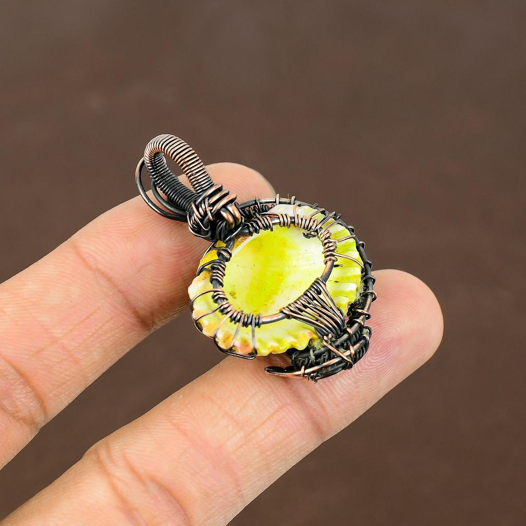 Natural Yellow Titanium Shell Handmade Copper Wire Wrap Pendant 1.77" m3M72