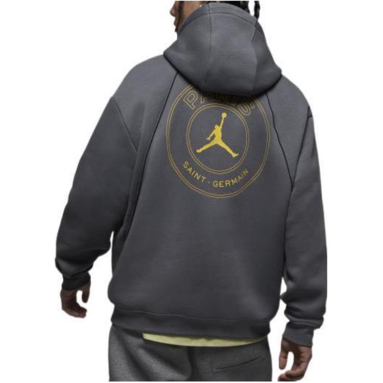 Jordan X PSG Paris Saint-Germain Co-Branded Stripe Pattern Gold Print Hoodie with Drawstring Men Hoodie Light-Graphite-Grey DV0612-014