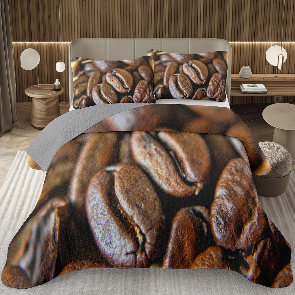 Single Twin Full Queen King Bedspread Set Coffee Bean Coverlet Set,Coffee Theme Bedding Set Coffee Lovers Gifts Room Decorations