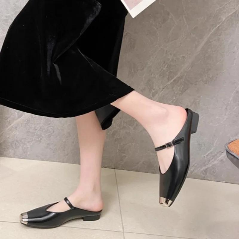 

Модные металлические шлепанцы с квадратным носком на низком каблуке, новые осенние, с неглубоким вырезом, ремешком на одной линии, мягкой подошвой, нескользящие, обернутые обувь 40 чёрный