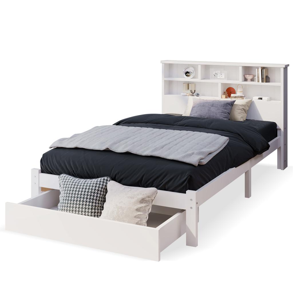 Solid Wood Single Bed with Drawers and Slatted Base, Bookshelf Teenagers and Adults Children's Bed, 90x200cm White