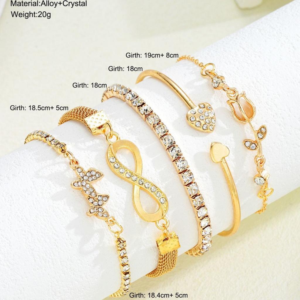 17KM 5pcs Exquisite Butterfly Bracelet Set For Women Vintage Rhinestone Heart Infinity Cuff Bangle Daily Wear Jewelry Gift