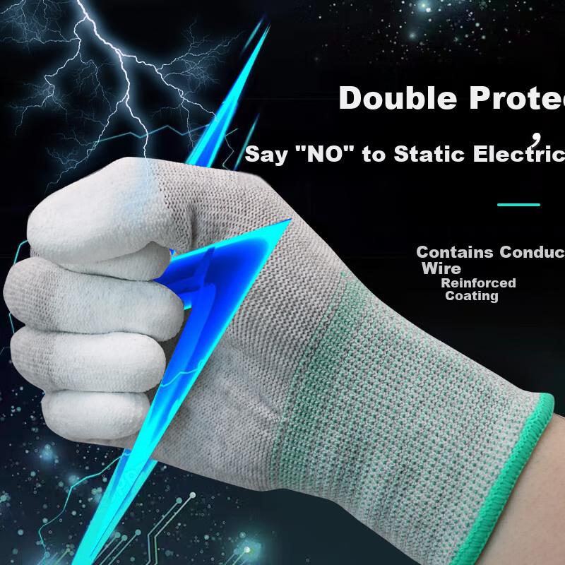 Anti-Static Gloves, Carbon Fiber Nylon, PU Coated Fingers And Palm, Breathable Wear-Resistant Non-Slip Touchscreen Compatible, Size M, 10 Pairs