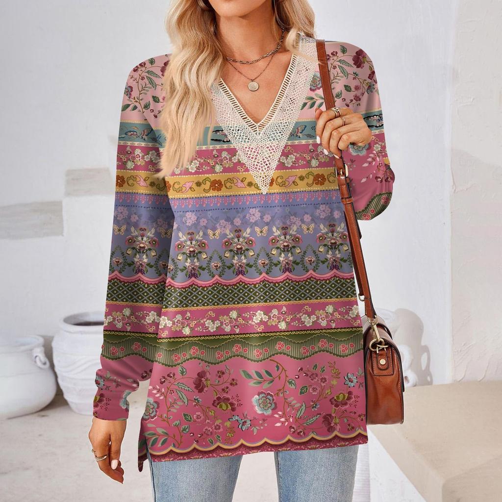 Damenoberteile Lockerer V-Ausschnitt Kontrastfarbe Schlitz Locker Langarm T-Shirt Damenoberteile