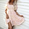 2025 New European and American Style Bubble Sleeve Printing Dress Summer Square Collar Waist Thin Floral Dress Women
