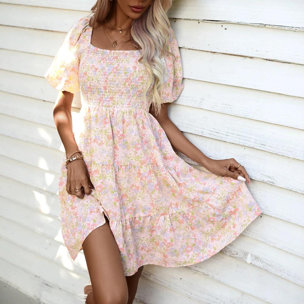 2025 New European and American Style Bubble Sleeve Printing Dress Summer Square Collar Waist Thin Floral Dress Women