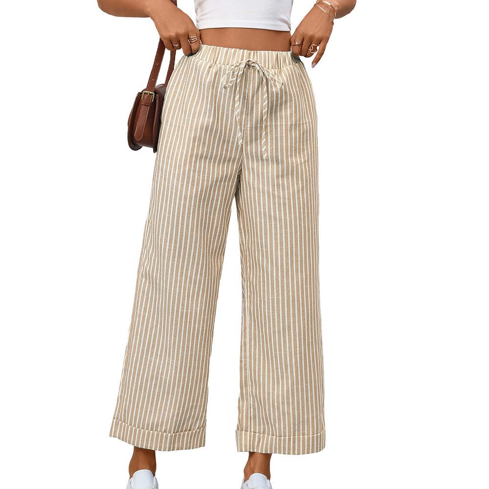 Women's High Waist Drawstring Wide Leg Pants Straight Fit Striped Casual Cropped Trousers