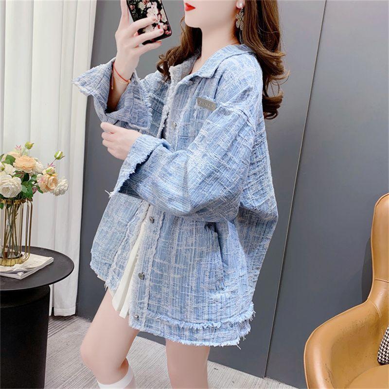 Frühling Damen distressed Jeansjacke lockere Passform Vintage Stil ausgefranster Saum Freizeitmantel