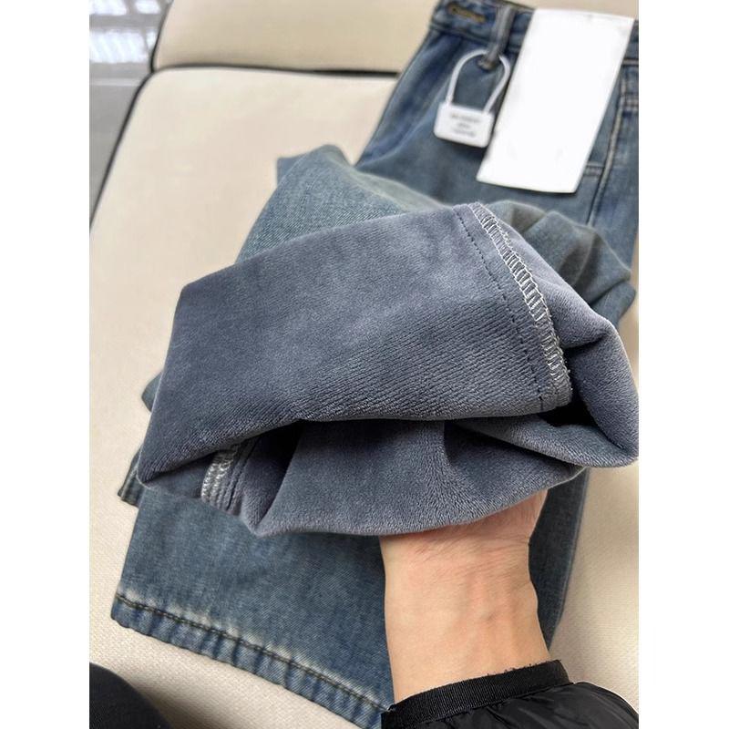 Women's Winter Retro Blue High-Waisted Slim-Fit Straight-Leg Jeans - Plus Velvet, Thickened, Wide-Leg, Large Size for Curvy Figures
