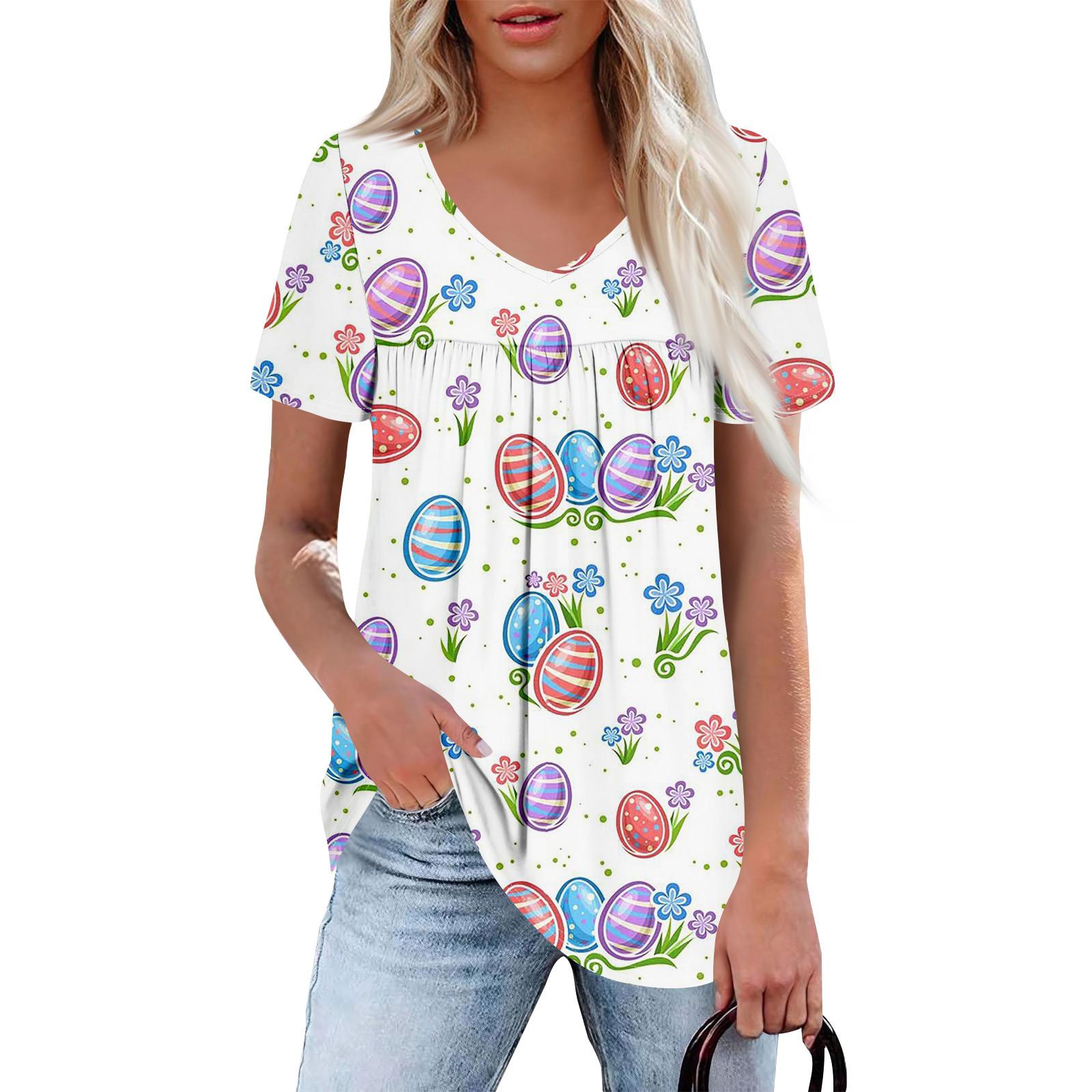 

Женская повседневная рубашка с V-образным вырезом и короткими рукавами, с плиссированным пасхальным принтом на груди M белый