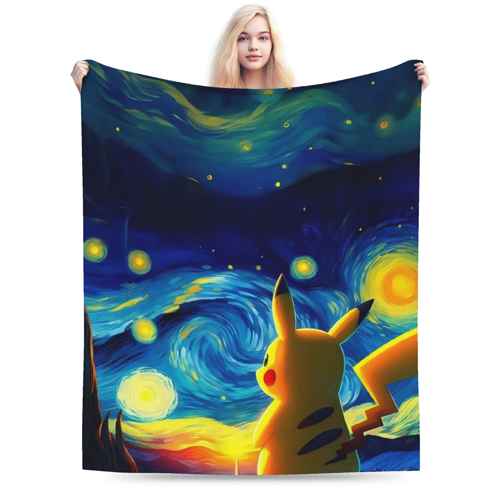 

Super Warm BlanketsStudents Decorative Pokemon Pikachu Throw Blanket Van Goghs oil painting style Flannel Bedspread Bed Cover 75x100cm