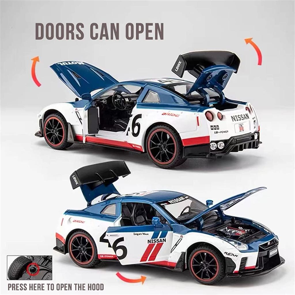 1/24 Scale Nissan GTR Diecast Car Model Toy, Pull Back Toy Vehicle with Sound and Light for Kids Toddler Boys Girls Gift Collection