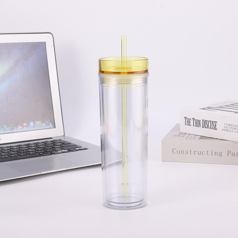450ml Colorful Straw Cup,Skinny Clear Coffee Cup,Summer Ice Water Bottle,Double Wall Plastic Drinkware for Juice Shakes Smoothie
