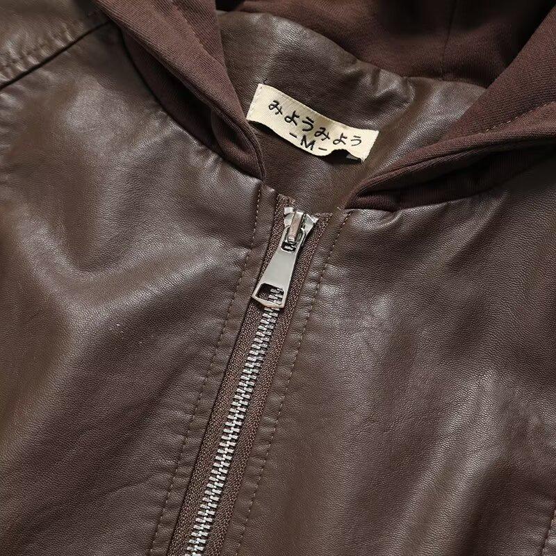2024 Autumn Women's European & American Style Faux Leather Hooded Sweatshirt Coat