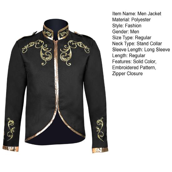 Yousheng Men Jacket Stand Collar Long Sleeve Golden Embroidered Pattern Short Coat Slim Fit Halloween Costume Travel Clothing