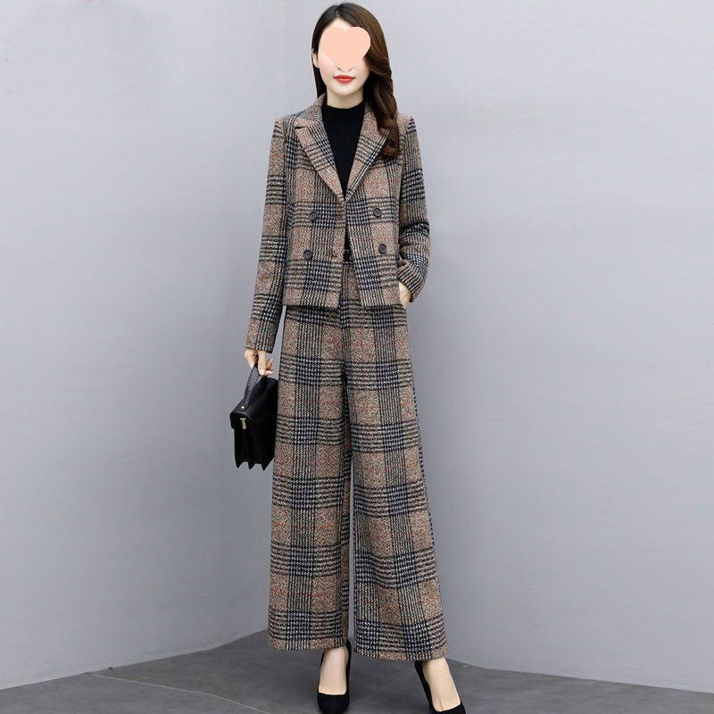 Women's Plus Size Wool Suit: Autumn/Winter 2025, Two-Piece Set with High-Waist Wide-Leg Pants