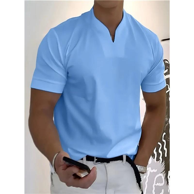 Men V‑Neck Short Sleeve T‑Shirt Elastic Slim Fit Henley Tee Solid Color Breathable Casual Tops For Fitness Sports Daily Summer Street Wear