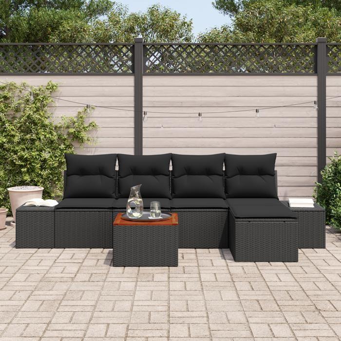 VidaXL Ensemble de Canapé de Jardin 6 Pièces avec Coussins Noir Poly Rattan Acacia 3356616