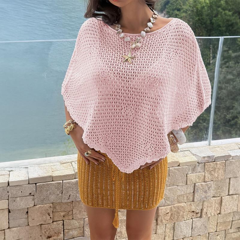 Womens Solid Color Hollow Out Knit Poncho Cape Shawl