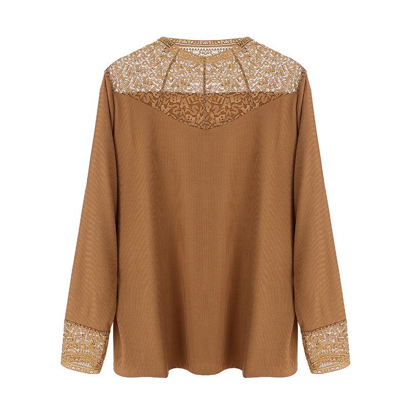 Yanzhiban 2024 Primăvară Top de Bază cu Dantelă Mărimi Mari - Gât Semi-Înalt, Mânecă Lungă.