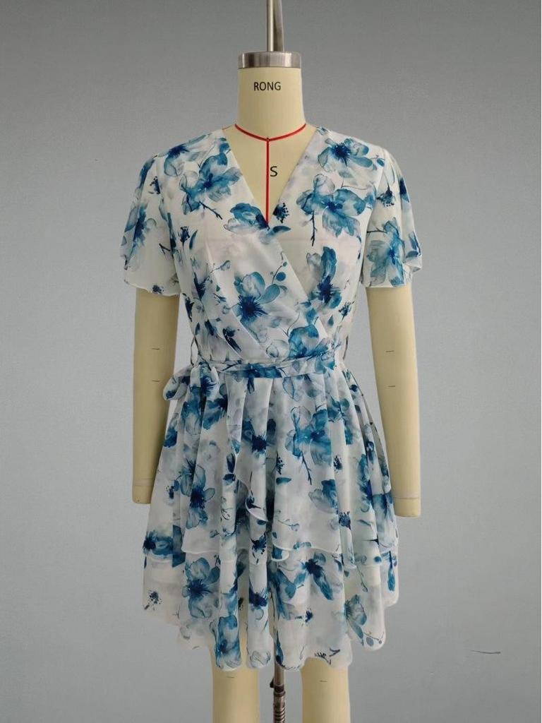 Elegant Floral Ruffled V-Neck Summer Dress - Women's Retro Holiday Style