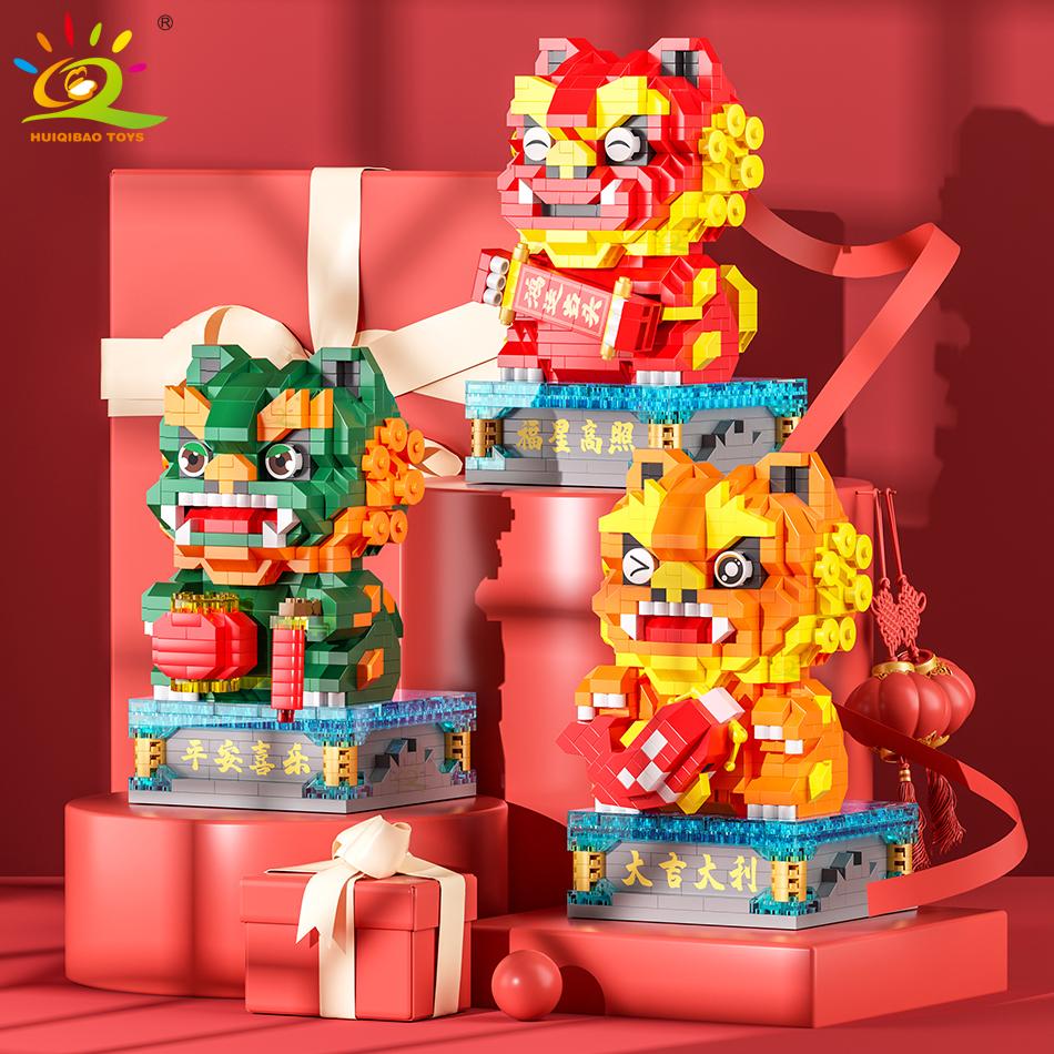 Chinese Style Lucky Dancing Lion Diamond Micro Building Blocks Table Decoration Bricks Kids Assembled Toys for Children