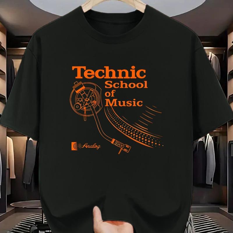 

European sizes Technic School of Music Printed Men s Round Neck T-Shirt, Featuring Dynamic Music and Record Player Design 4XL чорний