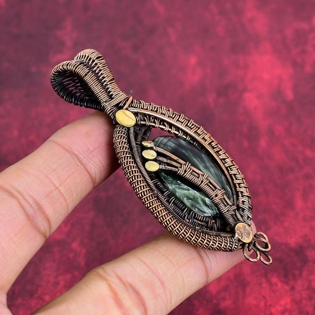 Seraphinite pendant copper wire wrapped pendant seraphinite gemstone jewelry handmade stylish pendant copper wire wrap jewelry gifts for him
