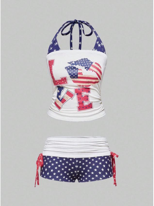 American Sporty Casual Two-Piece Set: Rhinestone Halter Top & Striped Lace-Up Shorts