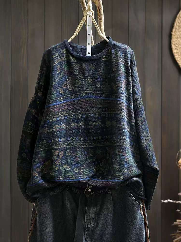 Johnature Woman Autumn Niche Vintage O-Neck Casual Loose Retro Sweater Chinese Style Long Sleeves Print Sweater