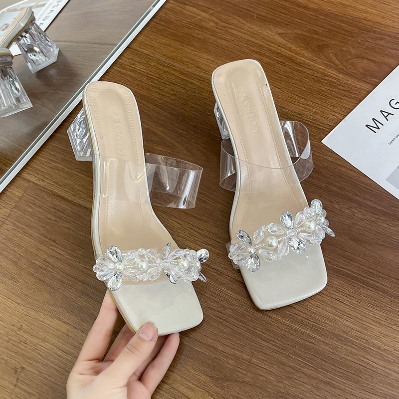 High Heels Women's New Transparent Sandals In the Summer of 2024 Women's Versatile Thick-heeled Rhinestone Crystal High-heeled Slippers