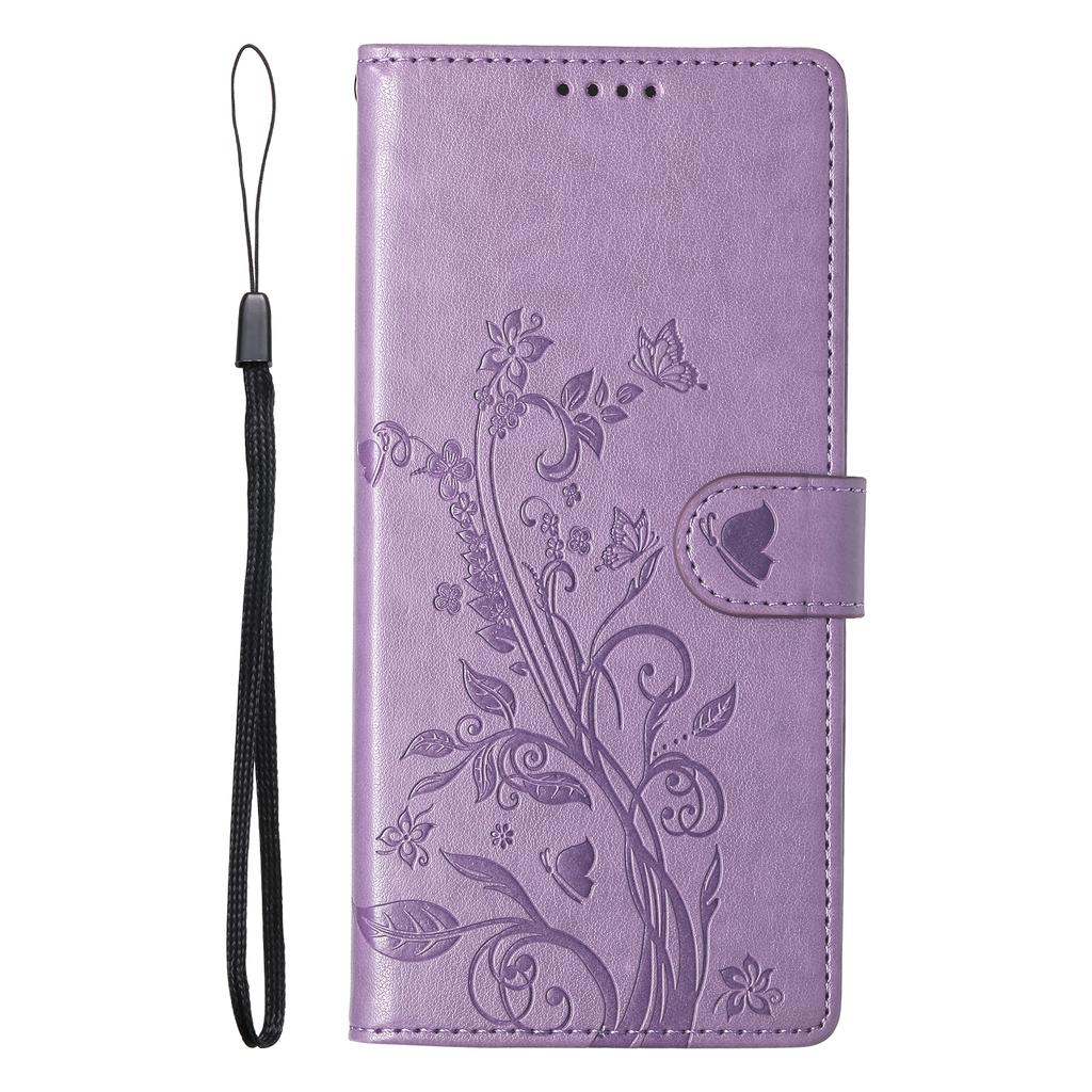 For iPhone 16e Wallet Case Butterfly Floral Imprint PU Leather Phone Cover with Wrist Strap