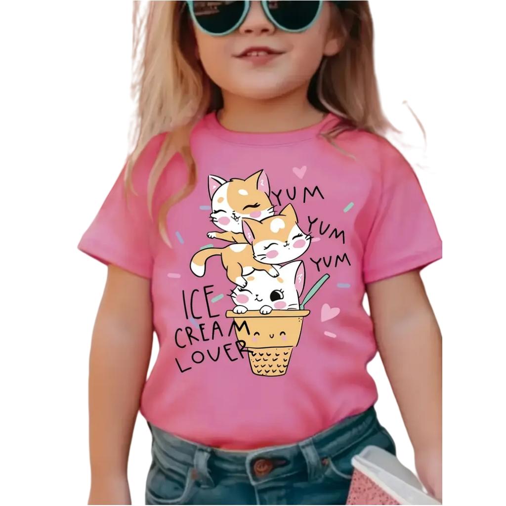 Pink Girl Top Kids Tshirt Toddler Summer Clothes Breathable Cute Boys Clothing Casual Short Sleeve Crew Neck Top Junior T-Shirt