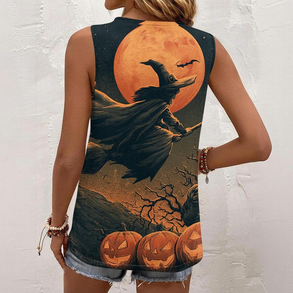 Sleeveless Square Neck Top with Ruching Halloween Print Women's Casual Summer Tank Blouse Lightweight Stretchy Fabric