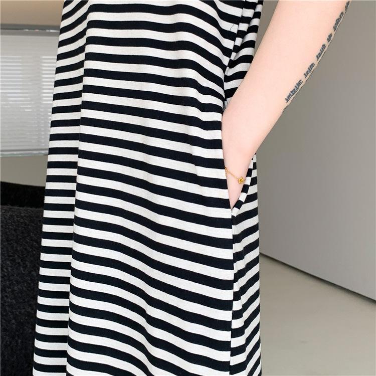 Sommer Damen Kleid Plus Größe Lockeres Temperament Lässig Kleines Revers Bedecktes Fleisch Gestreifte Kleider