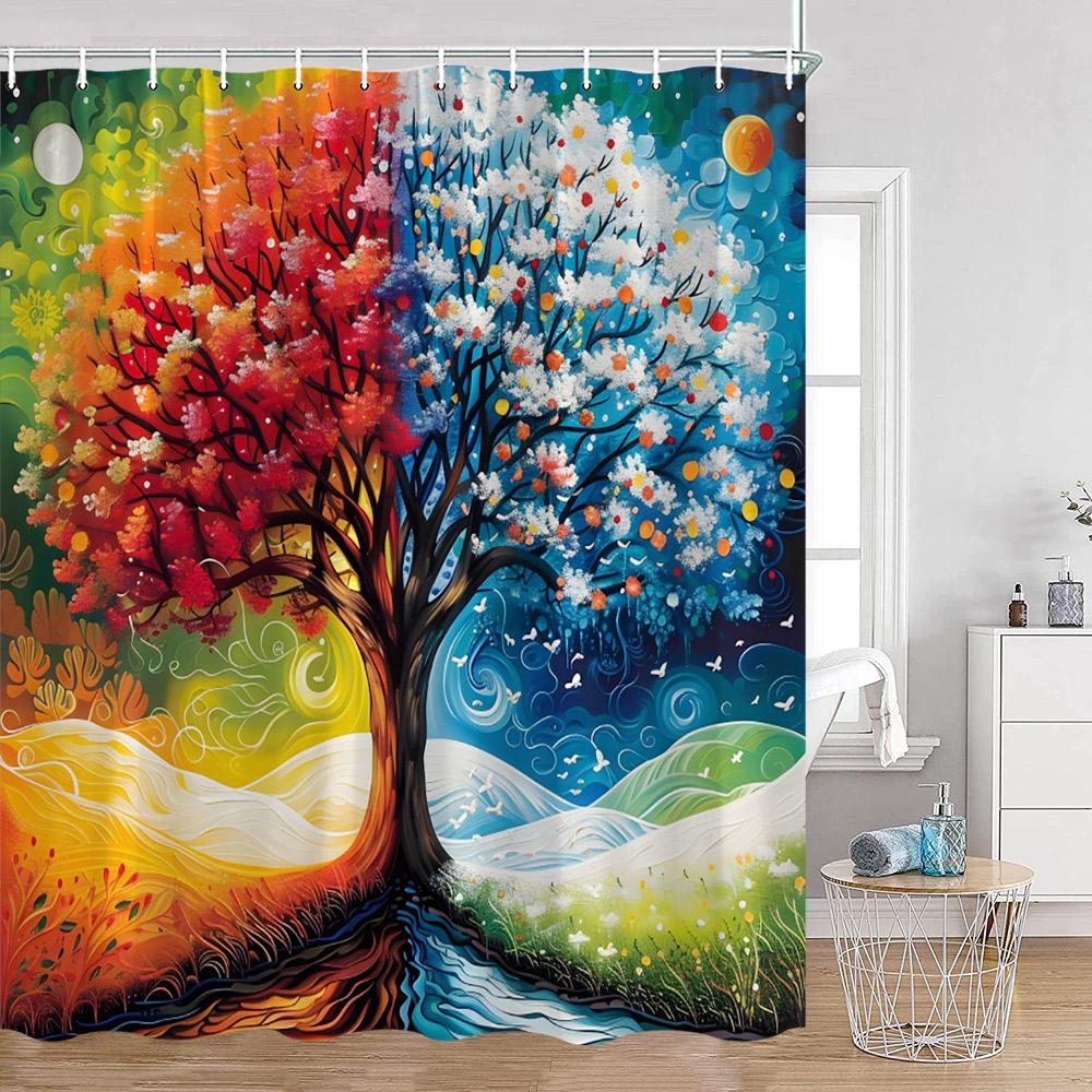 Jahreszeiten Baum Ölgemälde Duschvorhänge Fantasy Baum Wald Bunt Aquarell Blätter Badezimmervorhang Polyester Badezimmerdeko