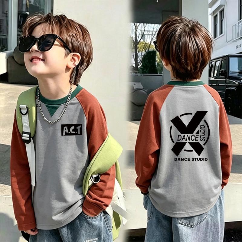 Boys' Retro Color Block Long Sleeve T-shirt - Spring/Autumn 2026, Medium/Large Sizes, Handsome Pure Cotton Base Layer Top
