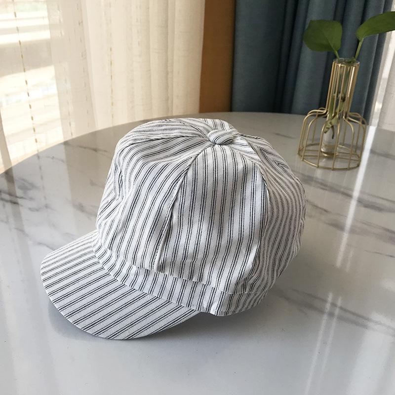 

Тонкая весенне-осенняя полосатая восьмиугольная шляпа, детская повседневная универсальная женская беретка, студенческая кепка-утка, кепка газетчика M（56-58cm） белый
