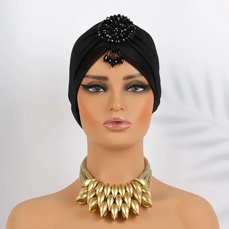 Indian Women Chemo Cap Muslim Diamonds Hijab Pleated Turban Wrap Headscarf Beanies Hair Loss Bonnet Hat Femme Turbante Mujer New