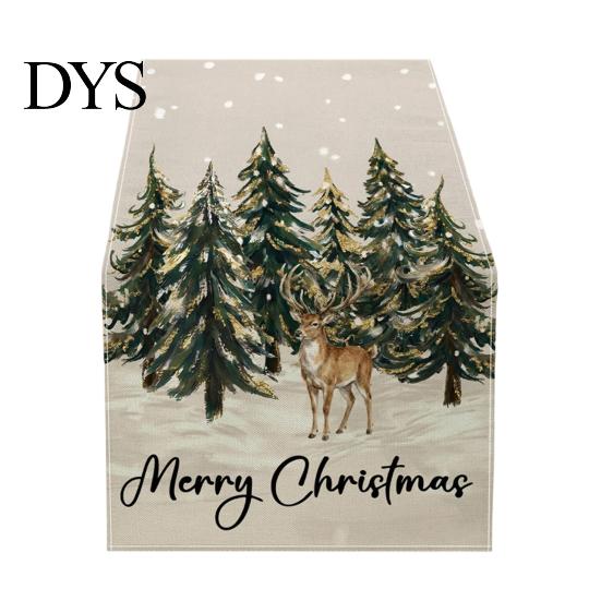 Farmhouse Table Runner Linen Christmas Runner, Winter Reindeer Santa Seasonal Home Decorations Prints, Tabletop Overlay for Holiday Dining Decor