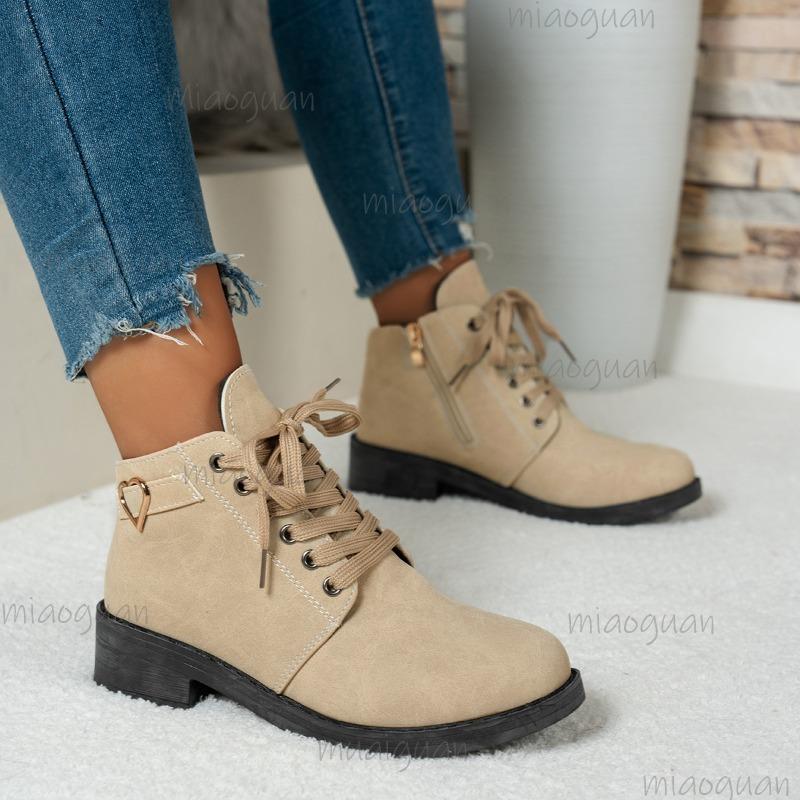 Chunky Mid Heeled Women's Autumn Winter PU Short Boots British Style Side Zip Casual Lace Up Shoes Round Toe Ankle Boots Size35