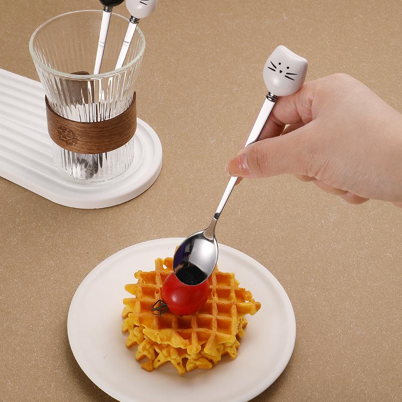 Cartoon Ceramic Spoon Ceramic Black And White Cat Spoon Ice Cream Spoon Stainless Steel Coffee Spoon