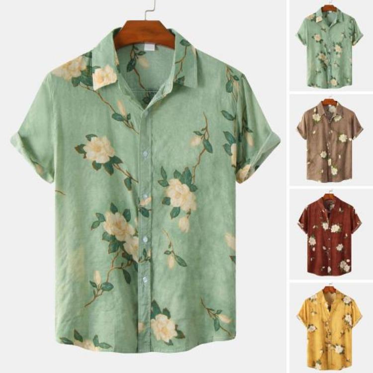 Men Summer Hawaiian Shirt Floral Leaves Print Streetwear Chic Single Breasted Thin Shirt