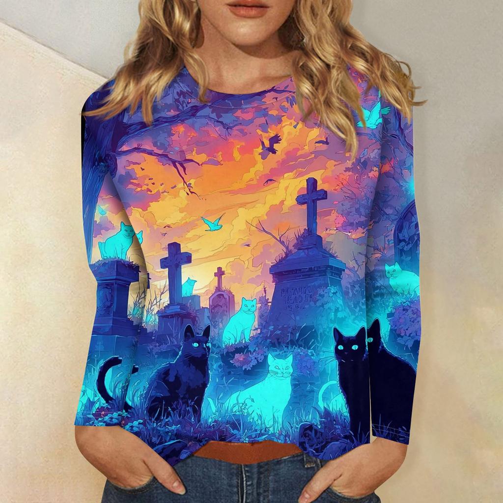 Women's Fashion Casual Halloween Printed Round Neck Long Sleeve Pullover Top