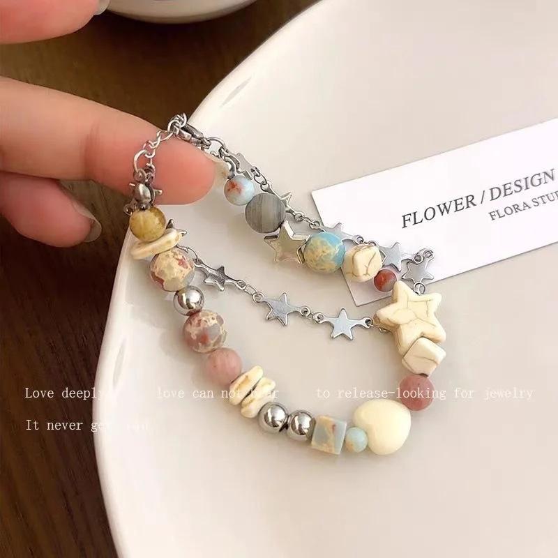Gentle Universe, Original Handmade Cream Color Scheme Double Star Bracelet Niche Design Girl Natural Stone Beads
