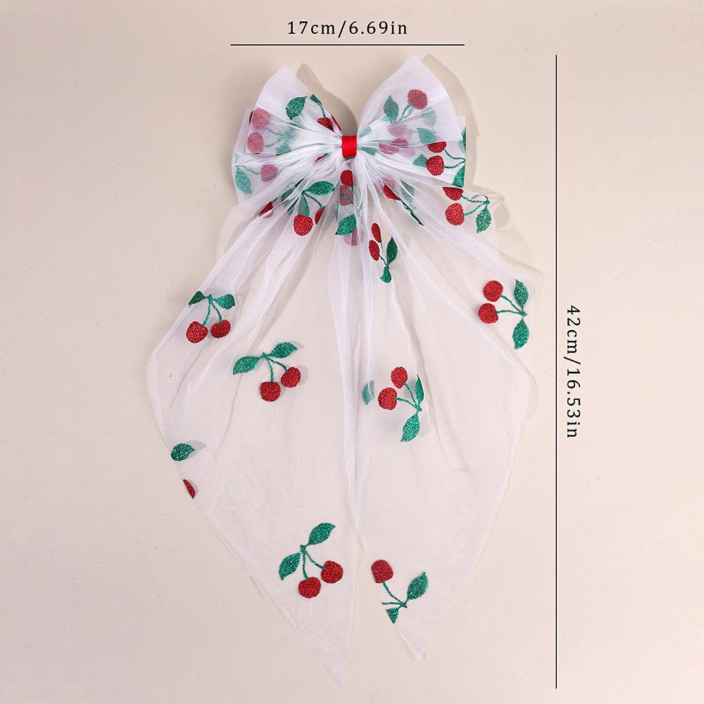 Net Bow Hair Clip Cherry Print Tulle Ribbon Barrette Large Big Bownot Ponytail Hairpin  Women Girls Headwear Accessories Gift