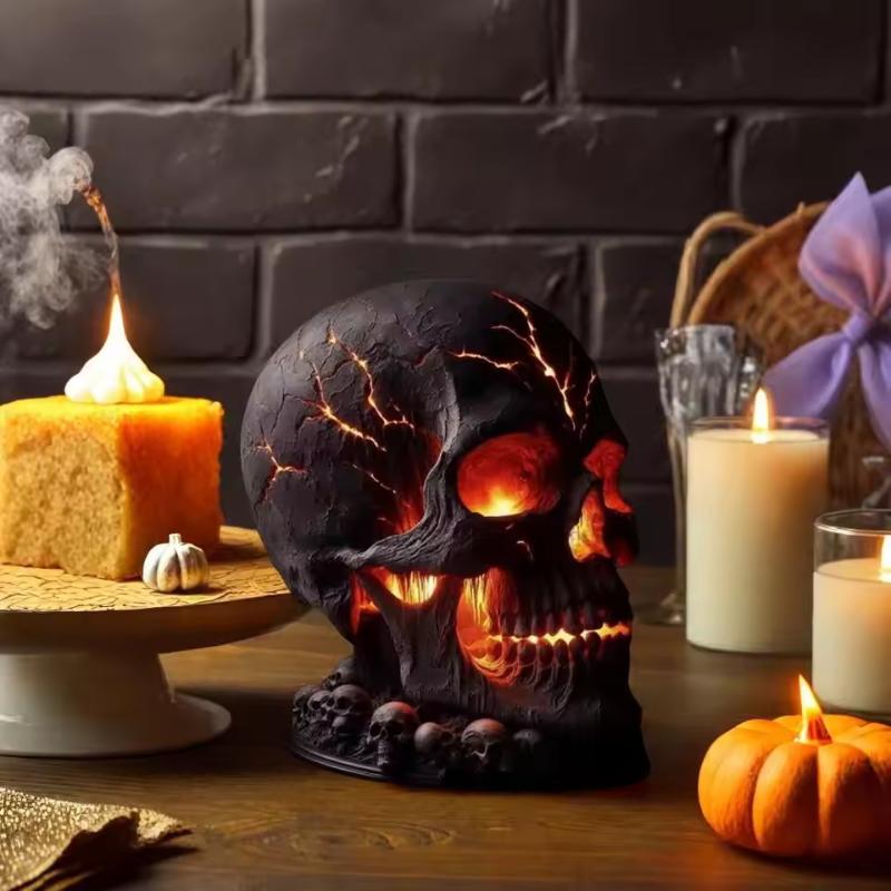 Dekorace lebky z magmatického kamene Stolní lampa lebka s strašidelným LED světlem pro halloweenskou párty Dekorace na krbovou římsu Jedinečný pokojový akcent k zapálení